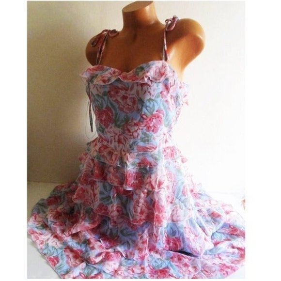 WAYF Chiffon Tiered Ruffle Dress Midi Plus Size 1X Tie Shoulder Blue Pink - Picture 1 of 10